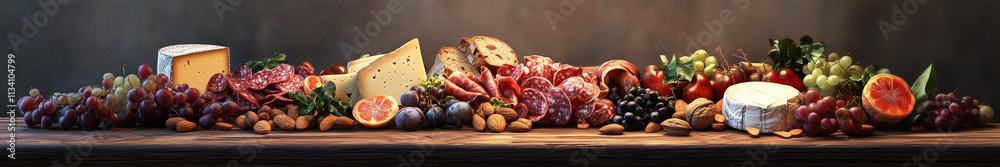 Gourmet charcuterie board with meats, cheeses, and fresh fruits Gourmet charcuterie board with meats, cheeses, and fresh fruits
