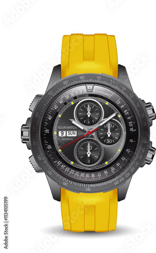 Realistic watch chronograph black stainless steel yellow rubber clockwise on white fashion for men design luxury isolated vector