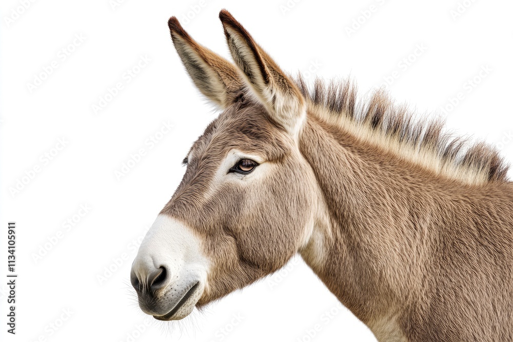 A close-up of a donkey's head against a white background. A close-up of a donkey's head against a white background.