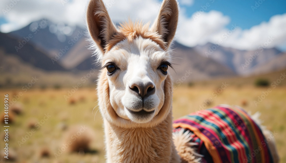 Obraz premium Llama poses gracefully in the Andes Mountains under a clear blue sky during daylight hours