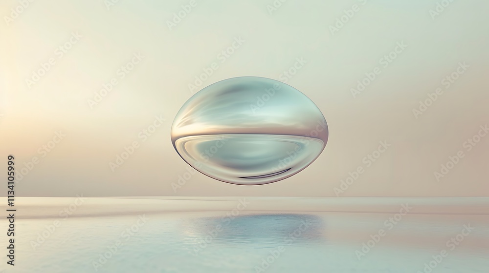 A shimmering silver ellipsoid hovering in mid-air above a soft pastel surface A shimmering silver ellipsoid hovering in mid-air above a soft pastel surface