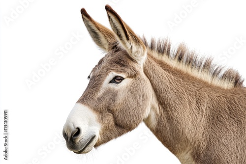 A close-up of a donkey's head against a white background.