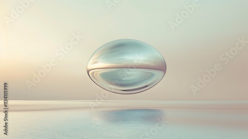 A shimmering silver ellipsoid hovering in mid-air above a soft pastel surface