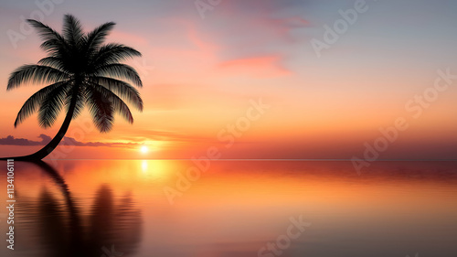 Silhouette of a palm tree against a tranquil tropical sunset with vibrant orange hues reflecting on calm ocean waters and serene skies