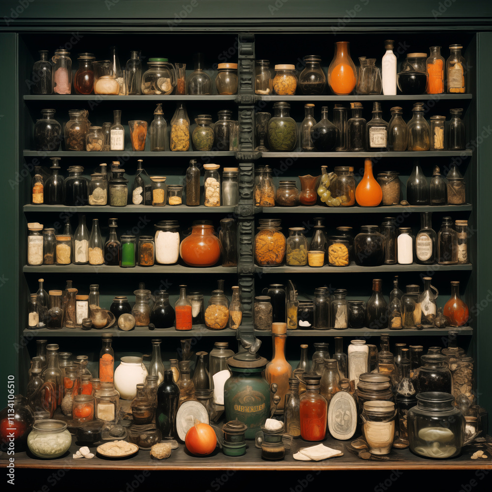 assortment of spices in glass jars on shelves in a vintage cabinet assortment of spices in glass jars on shelves in a vintage cabinet