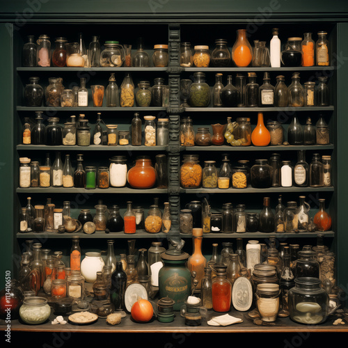 Wallpaper Mural assortment of spices in glass jars on shelves in a vintage cabinet Torontodigital.ca