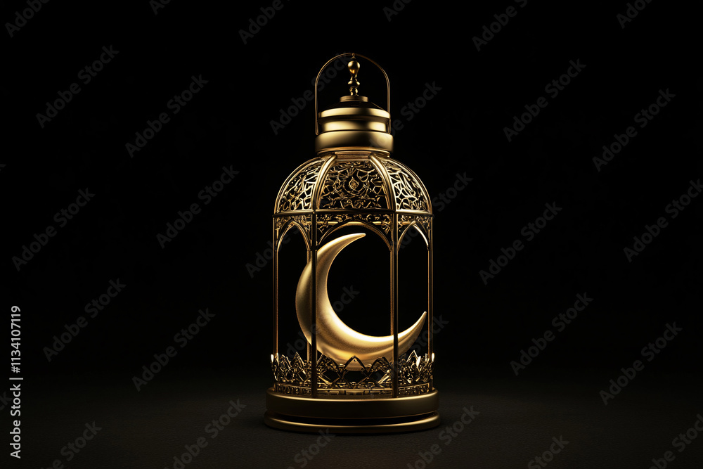 Ornamental Arabic lantern with crescent moon glowing at night. Festive greeting card for Muslim holy month Ramadan Kareem.
Ornamental Arabic lantern with crescent moon glowing at night. Festive greeting card for Muslim holy month Ramadan Kareem.