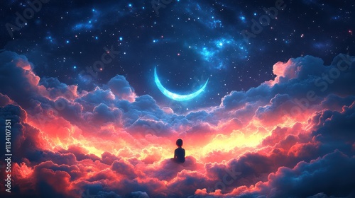 Celestial Serenity: A Solitary Figure Contemplates a Dreamlike Nightscape