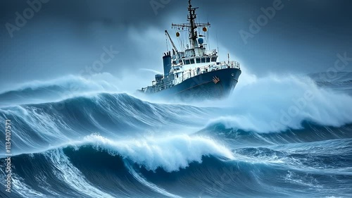 Stranded Ship Battling Stormy Seas with Dark Clouds Above