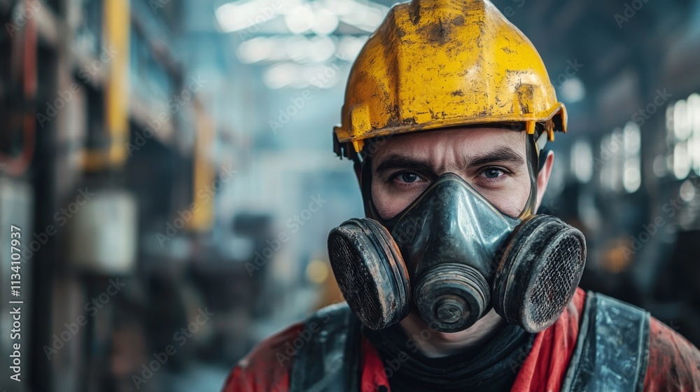 Worker in a construction site wearing a yellow hard hat and gas mask Worker in a construction site wearing a yellow hard hat and gas mask