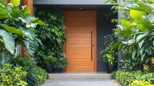 A wooden front door surrounded by beautiful plants, creating a calm, modern entrance.