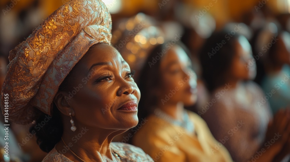 Smiling woman in colorful traditional African headwrap at a celebration Smiling woman in colorful traditional African headwrap at a celebration