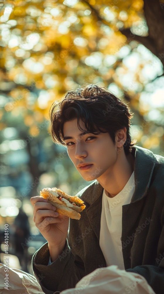 Young man enjoying a warm drink in a sunlit outdoor setting Young man enjoying a warm drink in a sunlit outdoor setting