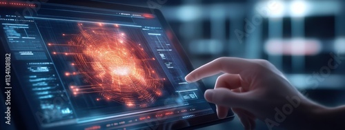 Futuristic Interface Displaying Complex Data Visualization with Interactive Touch on a Tablet Device in a High-Tech Environment