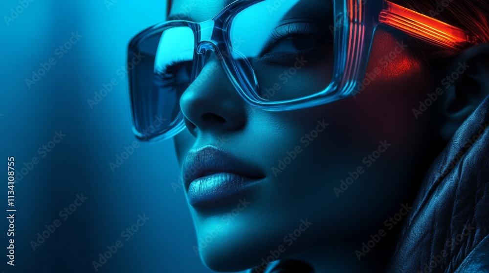 Close-up of a woman wearing reflective blue glasses Close-up of a woman wearing reflective blue glasses