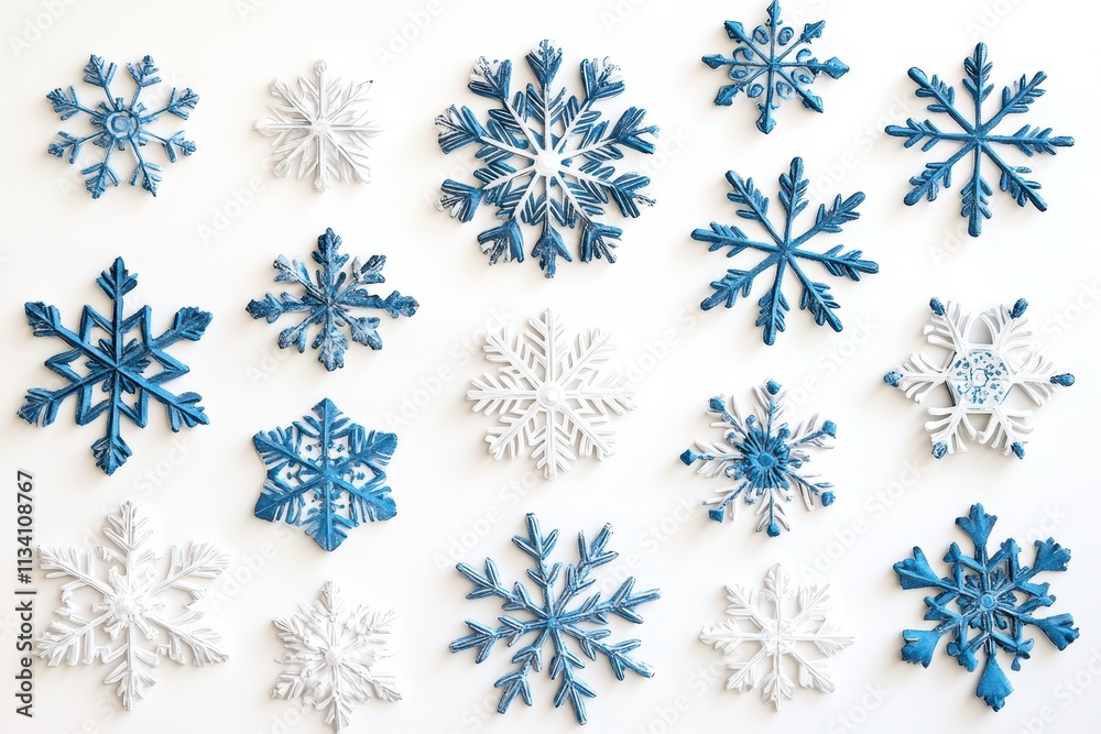 Decoratively arranged blue and white snowflakes on a white background creating a winter theme Decoratively arranged blue and white snowflakes on a white background creating a winter theme