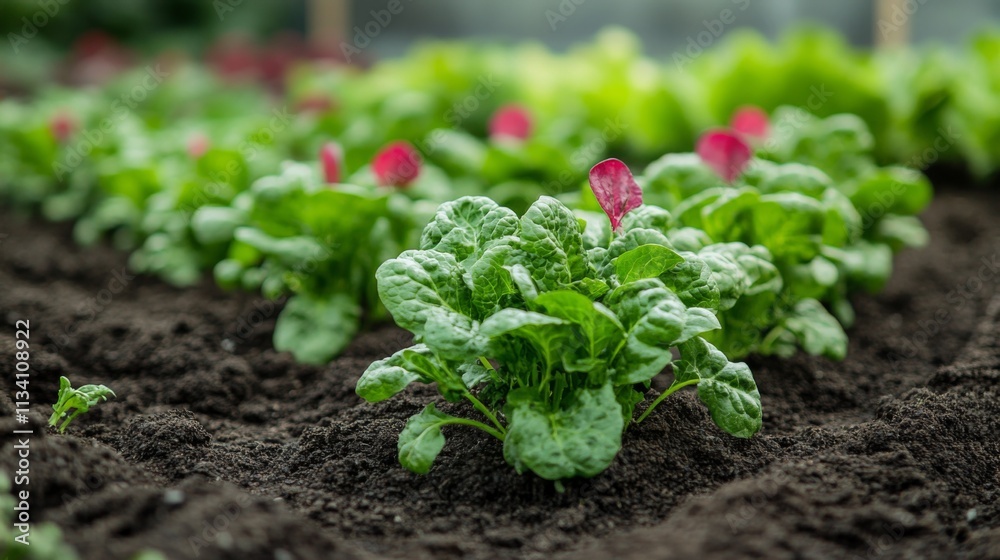 Fresh vegetable garden with rows of green plants in soil Fresh vegetable garden with rows of green plants in soil