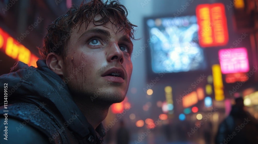 Man in a futuristic cityscape with neon lights Man in a futuristic cityscape with neon lights