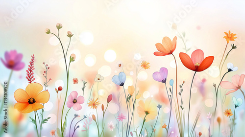 Watercolor depiction of a wildflower meadow with scattered