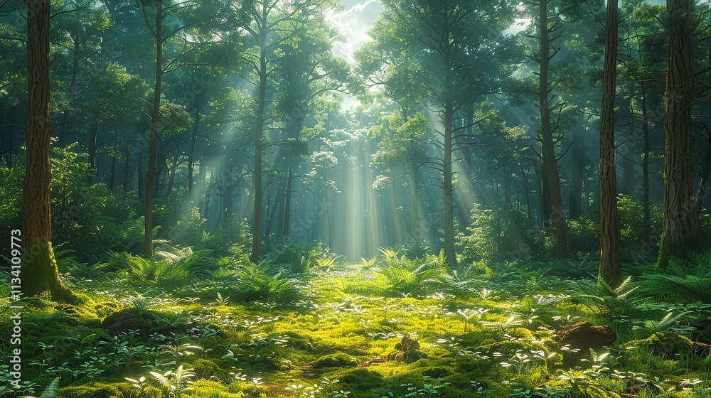 Tranquil woodland scenery with radiant sunlight and a dense carpet of moss, perfect for nature lovers. Tranquil woodland scenery with radiant sunlight and a dense carpet of moss, perfect for nature lovers.