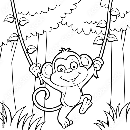 Playful Monkey Swinging on Vines in Jungle Coloring Page