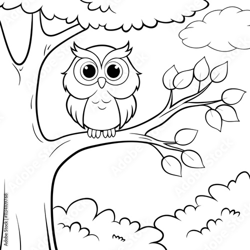 Adorable Cartoon Owl Perched on Tree Branch Coloring Page photo