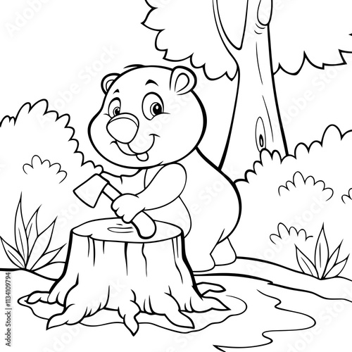 Adorable Woodchuck Chopping Wood Near Stream in Forest