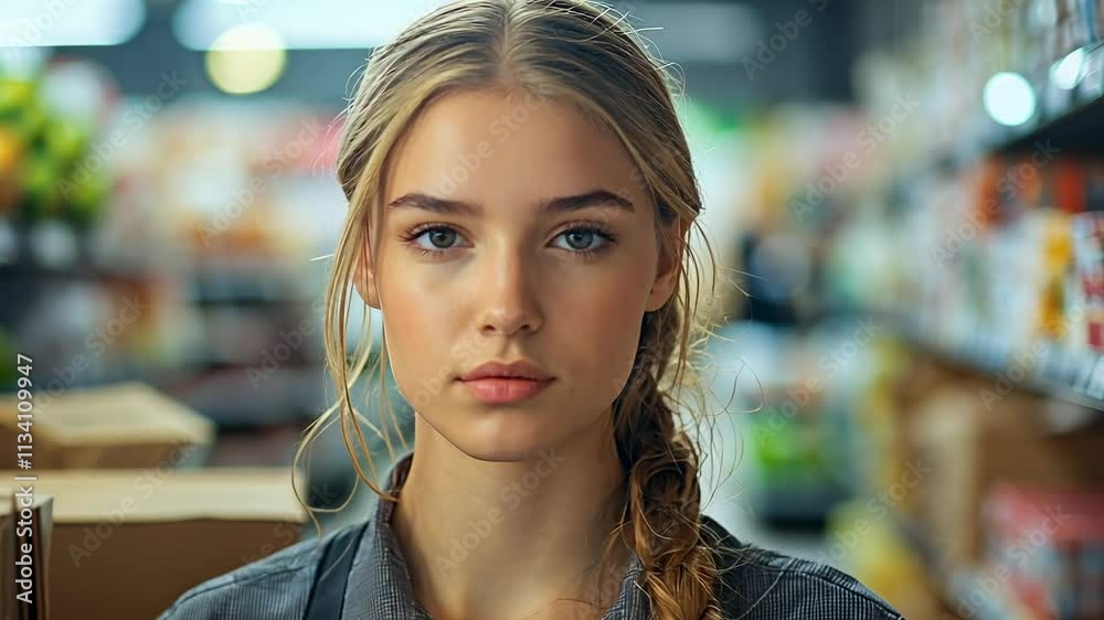 Young woman in grocery store with serious expression and boxes