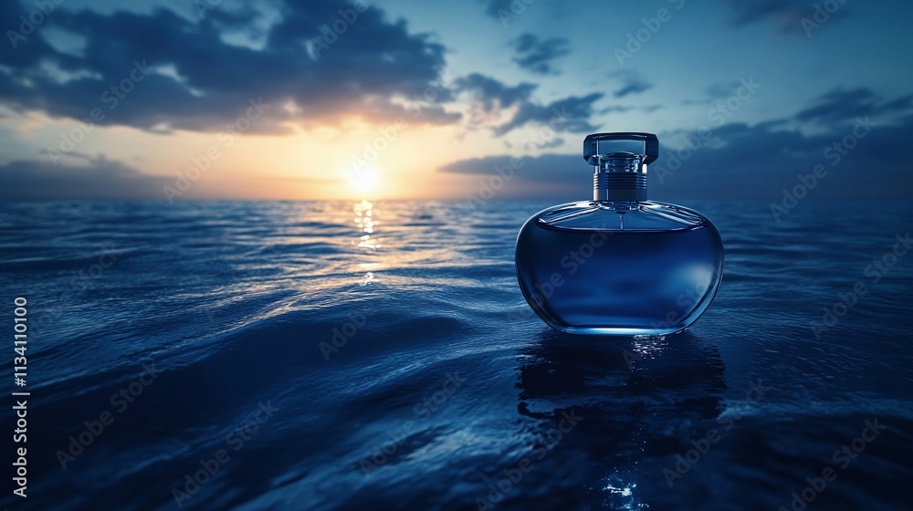 A blue perfume bottle resting on water at sunset, evoking tranquility. A blue perfume bottle resting on water at sunset, evoking tranquility.