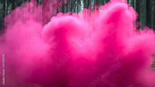 Vibrant Pink Smoke in Lush Green Forest Surrounded by Tall Trees