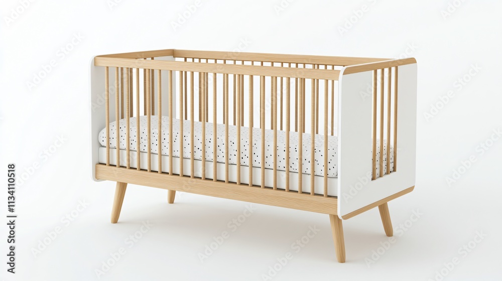 A Scandinavian-style crib with soft rounded edges, in matte white and natural wood tones on a light background A Scandinavian-style crib with soft rounded edges, in matte white and natural wood tones on a light background