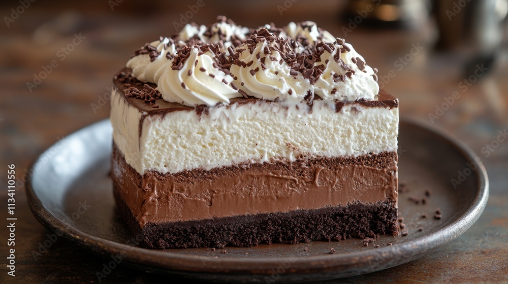 Delicious chocolate cake with whipped cream and cocoa dusting Delicious chocolate cake with whipped cream and cocoa dusting