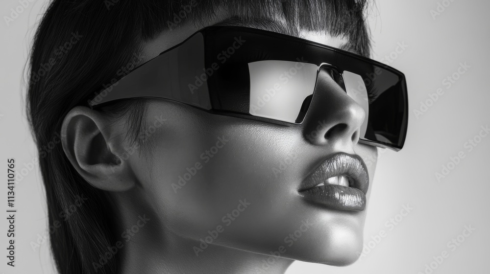 Grayscale portrait of a stylish woman wearing modern sunglasses Grayscale portrait of a stylish woman wearing modern sunglasses