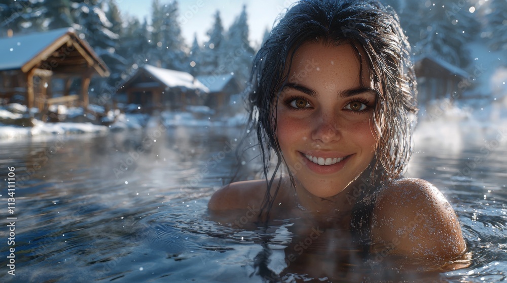 Obraz premium Smiling woman enjoying a hot spring surrounded by a snowy village