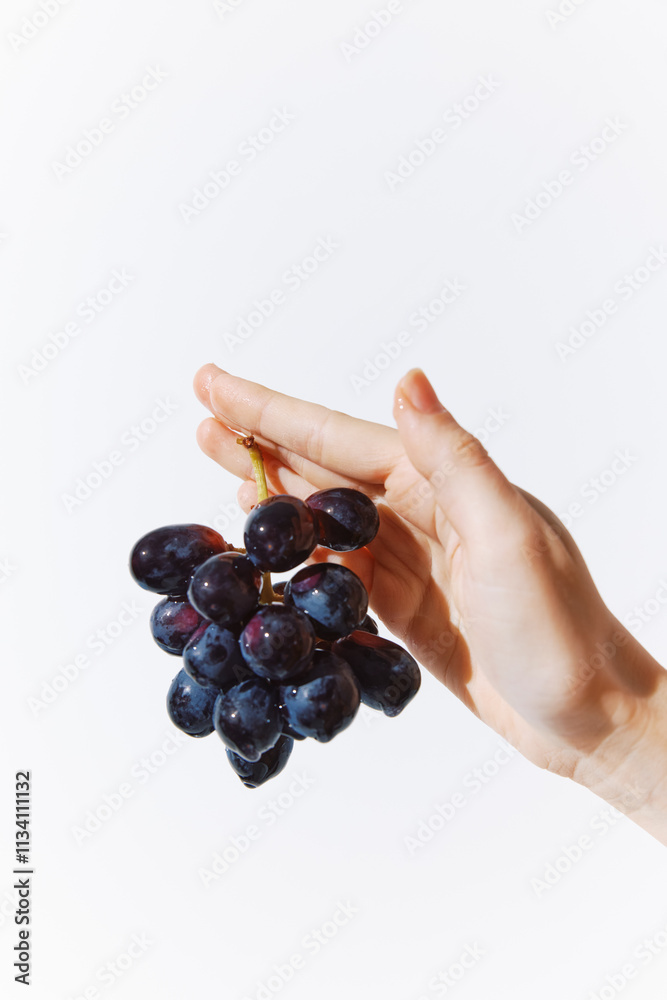 Φωτογραφία Person's hand holding bunch of grapes on white background, grapes in palm of han