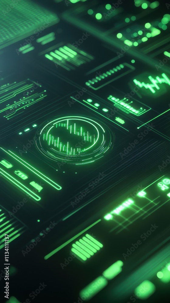 Futuristic Green Data Display with Digital Elements and Waveform Representations, Ideal for Technology, Science, and Cybersecurity Themes in Modern Media Futuristic Green Data Display with Digital Elements and Waveform Representations, Ideal for Technology, Science, and Cybersecurity Themes in Modern Media