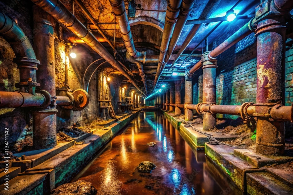 Fototapeta premium Exploring dark, gritty urban drainage: abandoned sewers, industrial plumbing, and underground pipes.