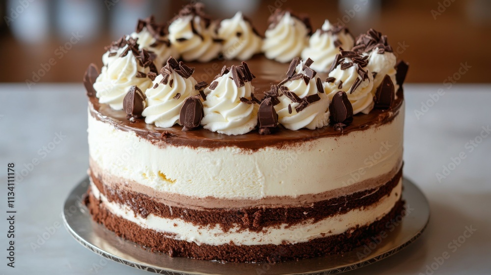 Delicious chocolate cake with whipped cream and shavings Delicious chocolate cake with whipped cream and shavings