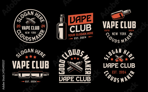 Set of vape shop logo emblem templates vector illustration. Smoke shop logo. Design elements for logo, label, badge, sign. Monochrome labels set for vaping and electronic cigarette. 