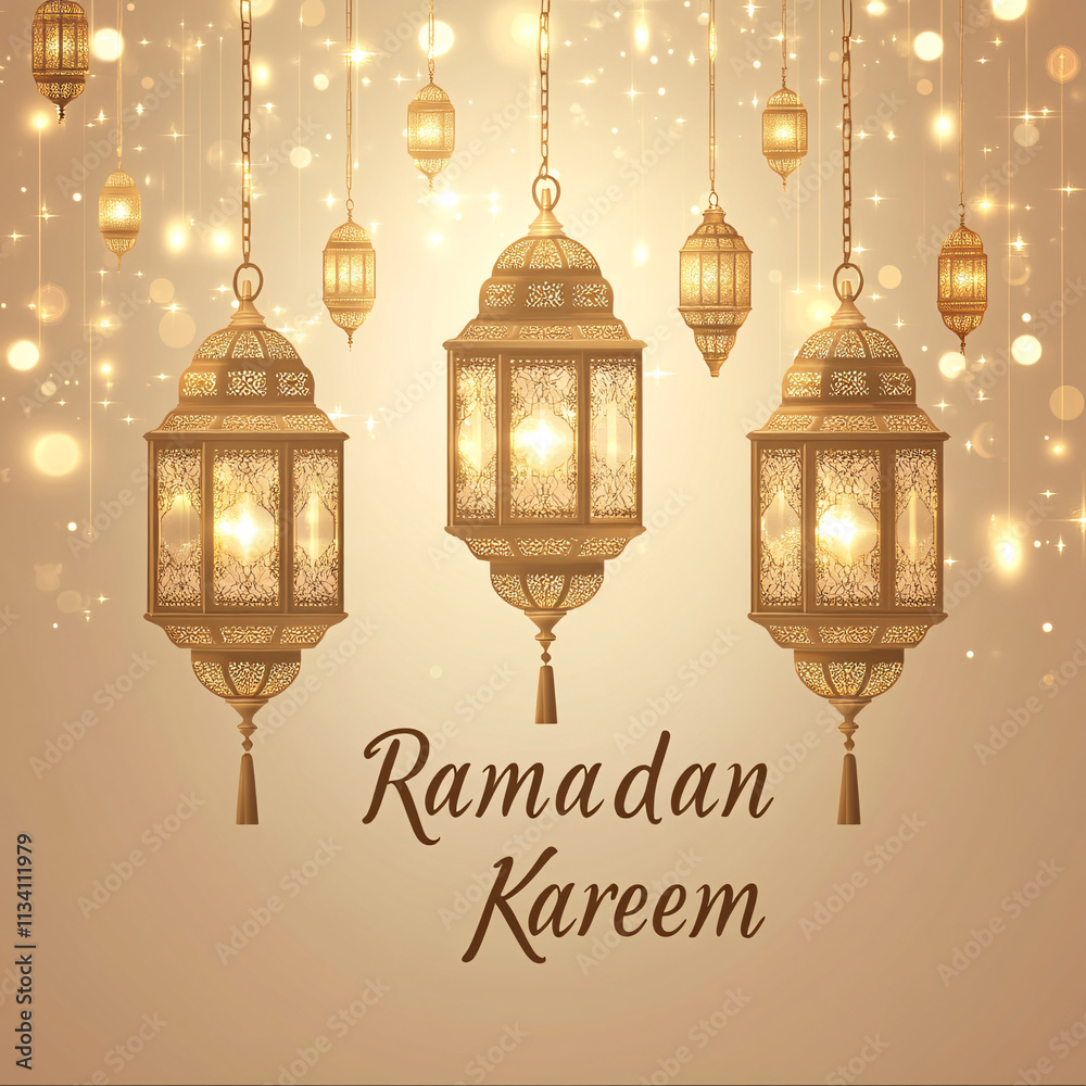 Ornamental Arabic lantern with crescent moon glowing at night. Festive greeting card for Muslim holy month Ramadan Kareem.
Ornamental Arabic lantern with crescent moon glowing at night. Festive greeting card for Muslim holy month Ramadan Kareem.