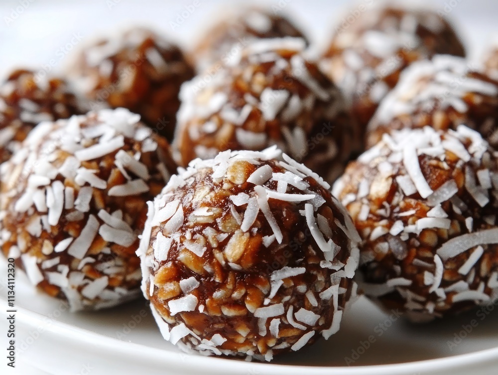 A close-up of energy balls coated in shredded coconut, ideal for healthy snacking. A close-up of energy balls coated in shredded coconut, ideal for healthy snacking.