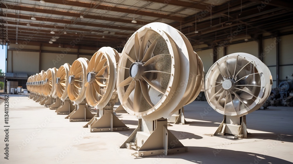 Large industrial fans operating to ventilate and circulate air within a ...