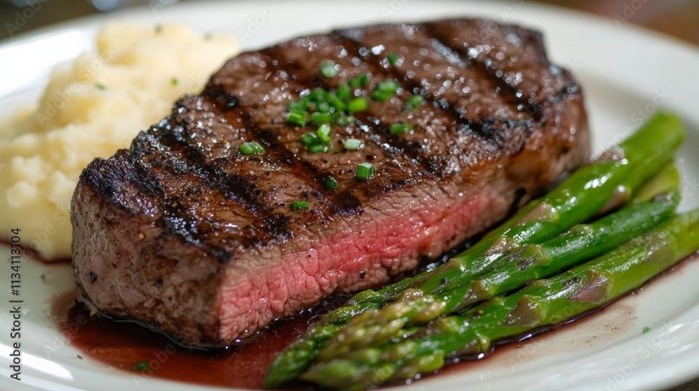 Juicy Grilled Steak with Asparagus and Mashed Potatoes on a White Plate Juicy Grilled Steak with Asparagus and Mashed Potatoes on a White Plate