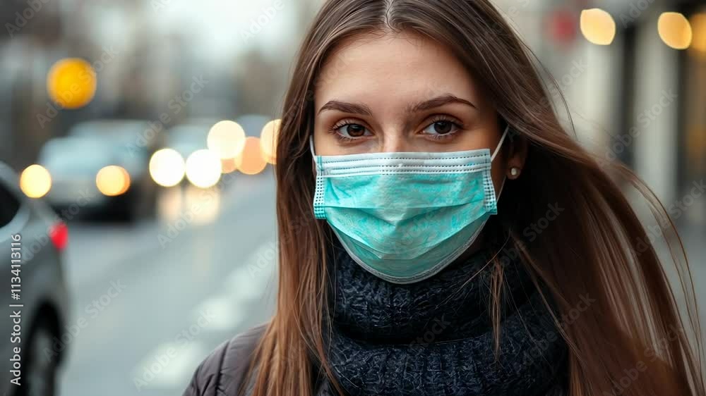 Young Woman Wearing Face Mask in Urban Environment with Traffic