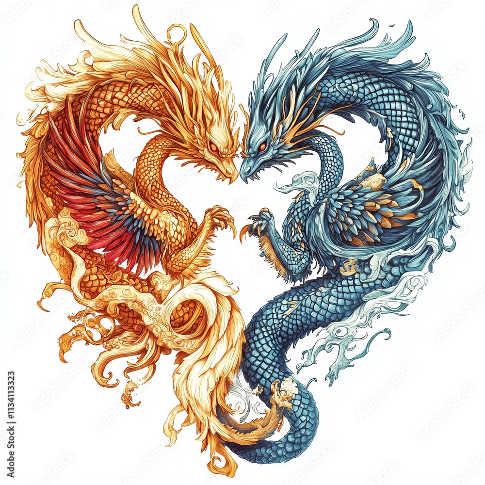 Two mythical dragons intertwine, symbolizing unity and balance in vibrant colors. Two mythical dragons intertwine, symbolizing unity and balance in vibrant colors.