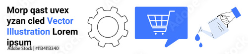 Gear, blue shopping cart in speech bubble, and a hand pouring liquid from a container. Ideal for e-commerce, settings, technology, shopping, commerce, conversation, liquid management. Landing page