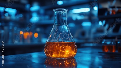 Glowing Amber Liquid in Erlenmeyer Flask in a Modern Laboratory Setting