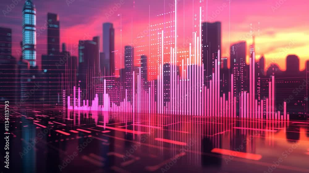 Futuristic Cityscape with Data Visualization and Sunset Sky Futuristic Cityscape with Data Visualization and Sunset Sky