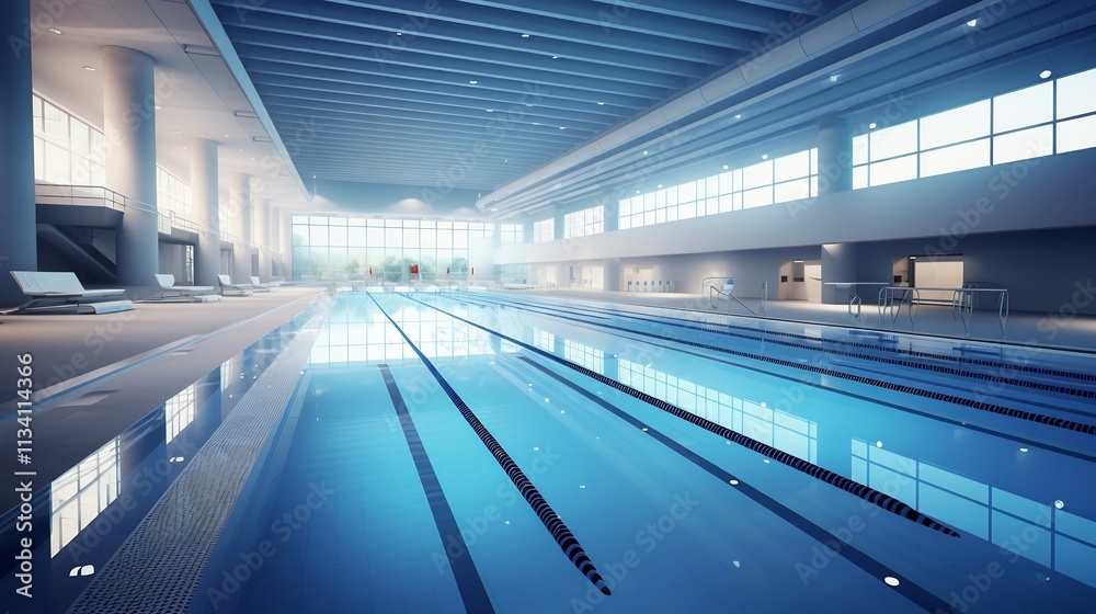 Panoramic view of a professional Olympic size swimming pool with clear blue water and well defined racing lanes ready for competitive aquatic sports and athletic training events Panoramic view of a professional Olympic size swimming pool with clear blue water and well defined racing lanes ready for competitive aquatic sports and athletic training events