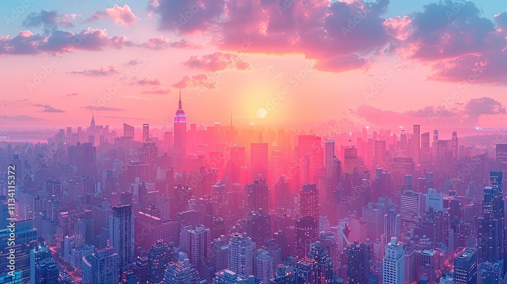Colorful urban skyline at dawn with a radiant sunrise on the horizon. Colorful urban skyline at dawn with a radiant sunrise on the horizon.